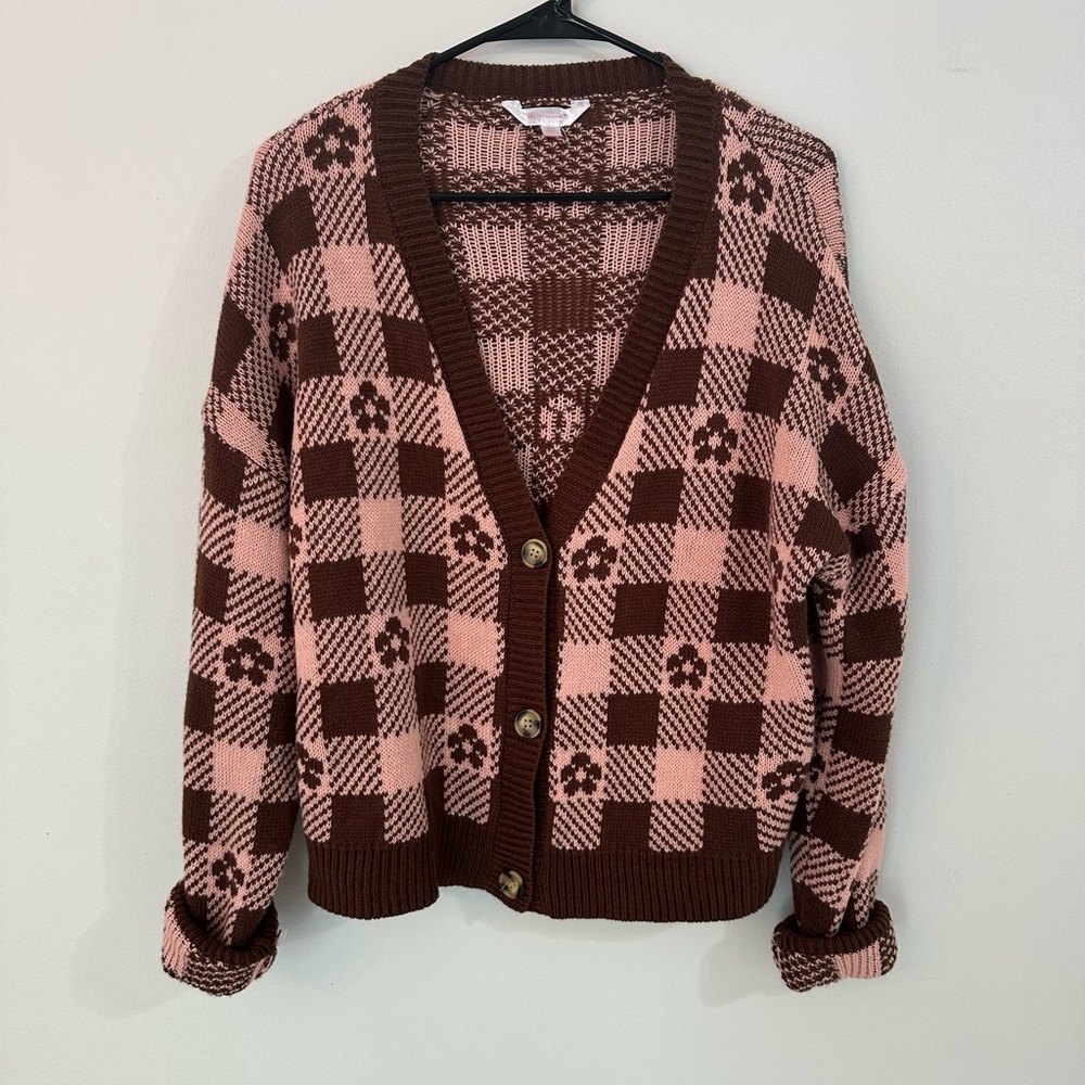 No Boundaries Pink and Brown Checkered Cardigan Sweater